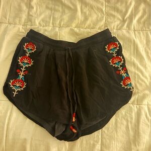 Blue Rain Black Floral Embroidered High Waist Shorts